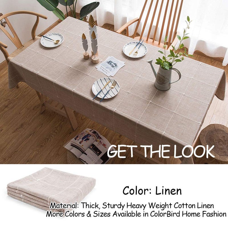 ColorBird Solid Embroidery Lattice Tablecloth Cotton Linen Dust-Proof Checkered Table Cover for Kitchen Dinning Tabletop Decoration (Rectangle/Oblong, 52 x 86 Inch, Linen) - Image 4